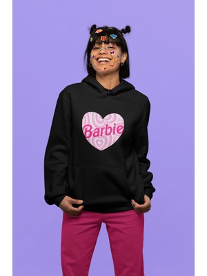 Cngz Shop Oversize Desenli Kalp Içinde Barbie Yazılı Kapüşonlu Sweatshirt, Kadın Barbie Baskılı Hoodie