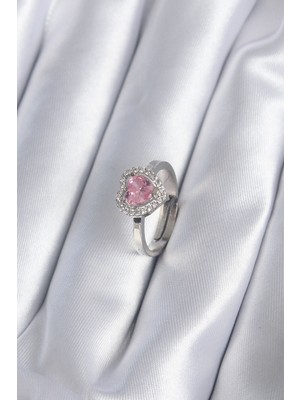 Pirinç Gümüş Renk Pembe Zirkon Taşlı Charm Model Kadın Yüzük