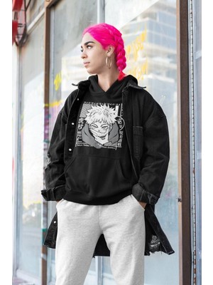 Cngz Shop Yuji Itadori Baskılı Kapüşonlu Sweatshirt, Unisex Oversize Anime Baskılı Hoodie