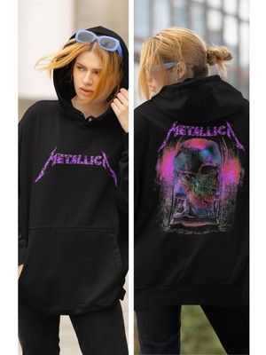 Cngz Shop Metallica Mor Sırt Baskılı Kapüşonlu Sweatshirt, Unisex Oversize Rock Metal Baskılı Hoodie