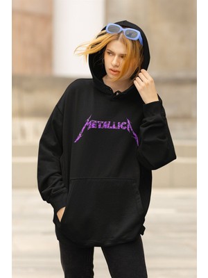 Cngz Shop Metallica Mor Sırt Baskılı Kapüşonlu Sweatshirt, Unisex Oversize Rock Metal Baskılı Hoodie