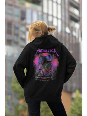 Cngz Shop Metallica Mor Sırt Baskılı Kapüşonlu Sweatshirt, Unisex Oversize Rock Metal Baskılı Hoodie