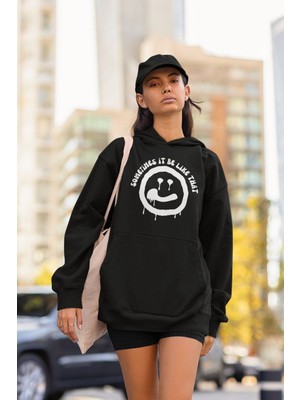 Cngz Shop Sometimes It Be Like That Yazılı Kapüşonlu Sweatshirt, Unisex Oversize Sad Face Baskılı Hoodie