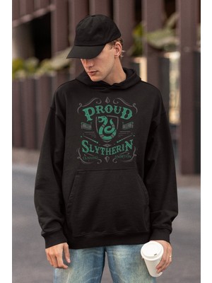 Cngz Shop Harry Potter Proud Slytherin Yazılı Kapüşonlu Sweatshirt, Unisex Oversize Baskılı Hoodie