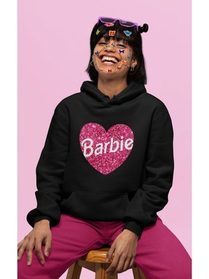 Cngz Shop Oversize Simli Görünümlü Kalp Içinde Barbie Yazılı Kapüşonlu Sweatshirt Kadın Barbie Baskılı Hoodie