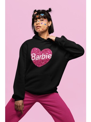 Cngz Shop Oversize Simli Görünümlü Kalp Içinde Barbie Yazılı Kapüşonlu Sweatshirt Kadın Barbie Baskılı Hoodie