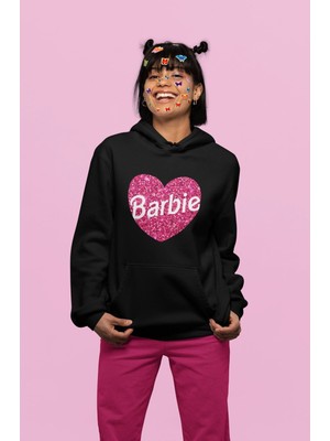 Cngz Shop Oversize Simli Görünümlü Kalp Içinde Barbie Yazılı Kapüşonlu Sweatshirt Kadın Barbie Baskılı Hoodie