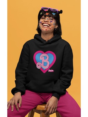 Cngz Shop Oversize Mavi Kalp Içinde B Yazılı Barbie Kapüşonlu Sweatshirt, Kadın Barbie Baskılı Hoodie