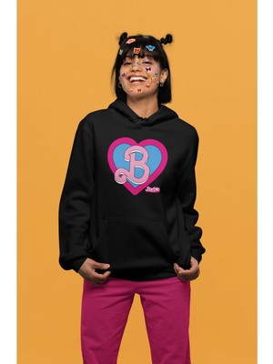 Cngz Shop Oversize Mavi Kalp Içinde B Yazılı Barbie Kapüşonlu Sweatshirt, Kadın Barbie Baskılı Hoodie