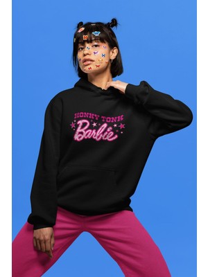 Cngz Shop Oversize Honky Tonky Yazılı Kapüşonlu Sweatshirt, Kadın Barbie Baskılı Hoodie