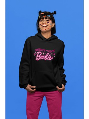 Cngz Shop Oversize Honky Tonky Yazılı Kapüşonlu Sweatshirt, Kadın Barbie Baskılı Hoodie