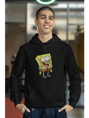 Cngz Shop Sünger Bob Kaligrafik Baskılı Kapüşonlu Sweatshirt, Unisex Oversize Sünger Bob Baskılı Hoodie