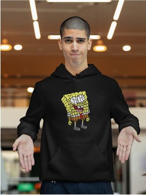 Cngz Shop Sünger Bob Kaligrafik Baskılı Kapüşonlu Sweatshirt, Unisex Oversize Sünger Bob Baskılı Hoodie