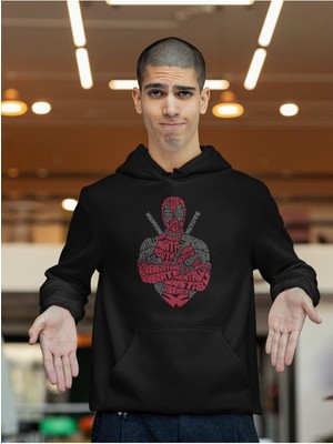 Cngz Shop Deadpool Kaligrafik Baskılı Kapüşonlu Sweatshirt, Unisex Oversize Deadpool Baskılı Hoodie