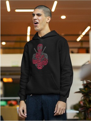 Cngz Shop Deadpool Kaligrafik Baskılı Kapüşonlu Sweatshirt, Unisex Oversize Deadpool Baskılı Hoodie