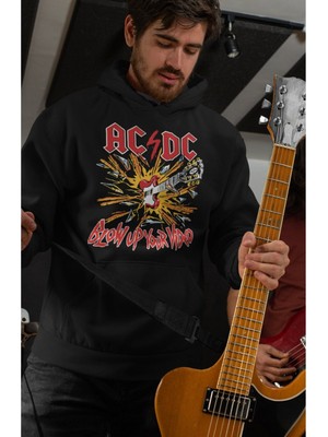 Cngz Shop Ac/dc Baskılı Kapüşonlu Sweatshirt, Unisex Oversize Rock Metal Baskılı Hoodie