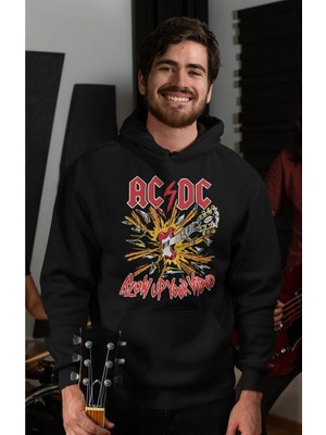 Cngz Shop Ac/dc Baskılı Kapüşonlu Sweatshirt, Unisex Oversize Rock Metal Baskılı Hoodie