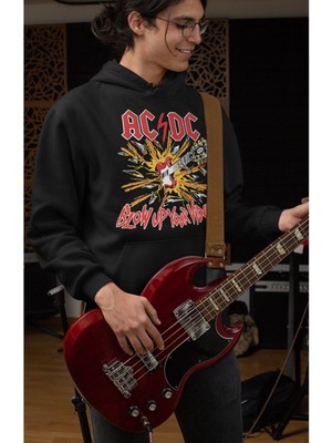 Cngz Shop Ac/dc Baskılı Kapüşonlu Sweatshirt, Unisex Oversize Rock Metal Baskılı Hoodie