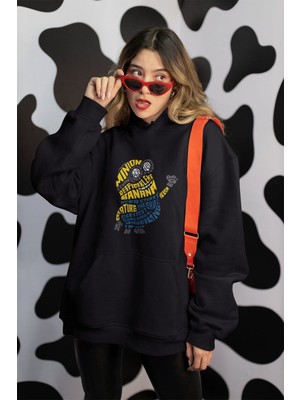 Cngz Shop Minion Bob 2 Kaligrafik Baskılı Kapüşonlu Sweatshirt, Unisex Oversize Minion Baskılı Hoodie