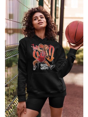 Cngz Shop Dennis Rodman Baskılı Kapüşonlu Sweatshirt, Unisex Oversize Basketbol Baskılı Hoodie