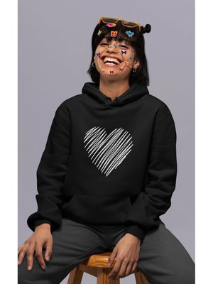 Cngz Shop Karalama Kalp Baskılı Kapüşonlu Sweatshirt, Kadın Kalp Baskılı Hoodie