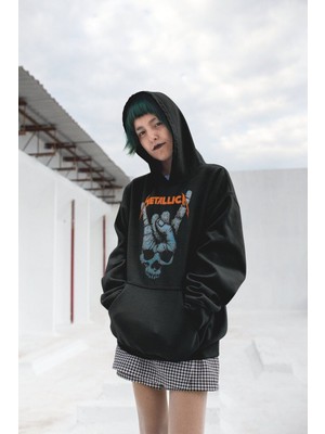 Cngz Shop Metallica Rock Işareti Baskılı Kapüşonlu Sweatshirt, Unisex Oversize Rock Metal Baskılı Hoodie