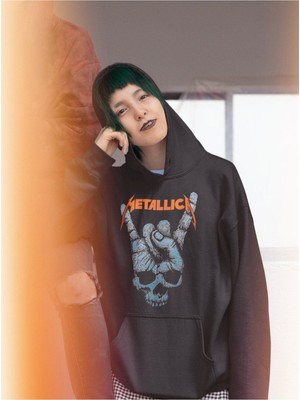 Cngz Shop Metallica Rock Işareti Baskılı Kapüşonlu Sweatshirt, Unisex Oversize Rock Metal Baskılı Hoodie