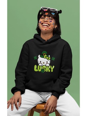 Cngz Shop Lucky Hello Kitty Baskılı Kapüşonlu Sweatshirt, Kadın Oversize Hello Kitty Baskılı Hoodie