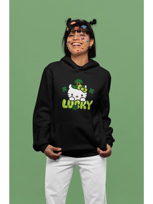 Cngz Shop Lucky Hello Kitty Baskılı Kapüşonlu Sweatshirt, Kadın Oversize Hello Kitty Baskılı Hoodie