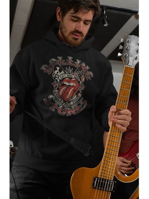 Cngz Shop Rolling Stones Premium Baskılı Kapüşonlu Sweatshirt, Unisex Oversize Rock Metal Baskılı Hoodie