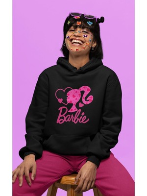 Cngz Shop Oversize Kalpli Yazılı Kapüşonlu Sweatshirt, Kadın Barbie Baskılı Hoodie