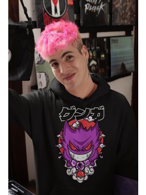 Cngz Shop Gengar Baskılı Kapüşonlu Sweatshirt, Unisex Oversize Pokemon Baskılı Hoodie