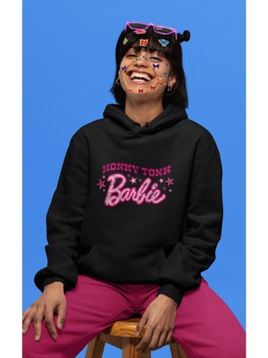 Cngz Shop Oversize Honky Tonky Yazılı Kapüşonlu Sweatshirt, Kadın Barbie Baskılı Hoodie