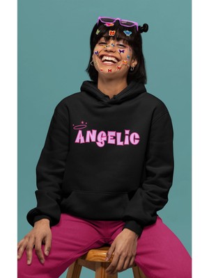 Cngz Shop Angelic Yazılı Kapüşonlu Sweatshirt, Kadın Pembe Baskılı Hoodie