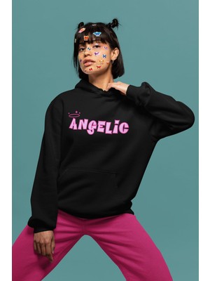 Cngz Shop Angelic Yazılı Kapüşonlu Sweatshirt, Kadın Pembe Baskılı Hoodie