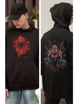 Cngz Shop Örümcek Adam Sırt Baskılı Kapüşonlu Sweatshirt, Unisex Oversize Marvel Spiderman Baskılı Hoodie