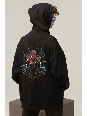 Cngz Shop Örümcek Adam Sırt Baskılı Kapüşonlu Sweatshirt, Unisex Oversize Marvel Spiderman Baskılı Hoodie