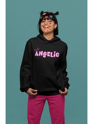 Cngz Shop Angelic Yazılı Kapüşonlu Sweatshirt, Kadın Pembe Baskılı Hoodie