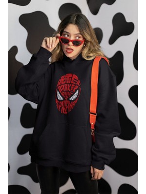 Cngz Shop Spider Man Örümcek Adam Kaligrafik Baskılı Kapüşonlu Sweatshirt, Unisex Oversize Baskılı Hoodie