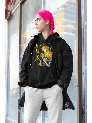 Cngz Shop Demon Slayer Zenitsu Baskılı Kapüşonlu Sweatshirt, Unisex Oversize Anime Baskılı Hoodie