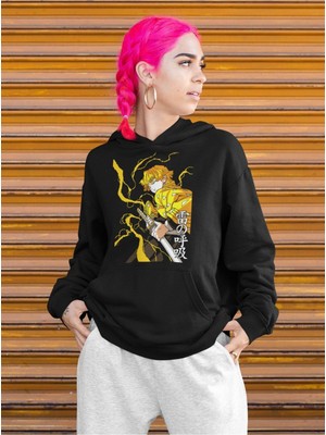 Cngz Shop Demon Slayer Zenitsu Baskılı Kapüşonlu Sweatshirt, Unisex Oversize Anime Baskılı Hoodie