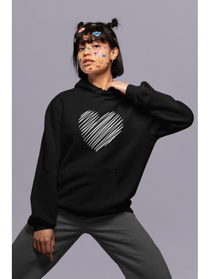 Cngz Shop Karalama Kalp Baskılı Kapüşonlu Sweatshirt, Kadın Kalp Baskılı Hoodie