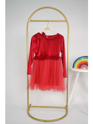 Miniko Kids Kız Çocuk Yılbaşı Temalı Eteği Tül Astarlı Tokalı Kadife Uzun Kol Elbise