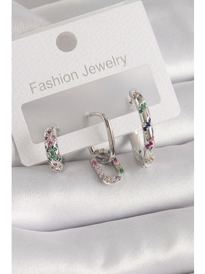 Clariss Pirinç Gümüş Renk Renkli Zirkon Taşlı Halka Model Kadın Küpe