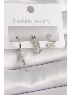 Clariss Pirinç Gümüş Renk Zirkon Taşlı Yılan Model Kadın Küpe