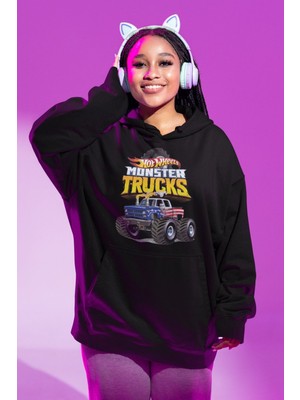 Cngz Shop 3 Baskılı Kapüşonlu Sweatshirt, Unisex Oversize Monster Trucks Baskılı Hoodie