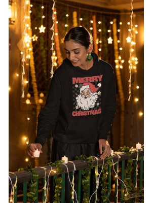 Cngz Shop Merry Christmas Yazılı Kapüşonlu Sweatshirt, Unisex Oversize Noel Baba Baskılı Hoodie