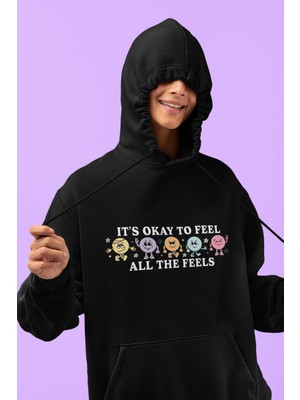 Cngz Shop It's Okay To Feel All The Fells Yazılı Kapüşonlu Sweatshirt, Kadın Renkli Baskılı Hoodie