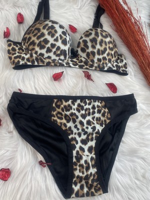 Masal Lingerie Kadın Kaplı Dolgulu Leopar Desen Sütyen Takım