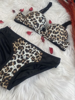 Masal Lingerie Kadın Kaplı Dolgulu Leopar Desen Sütyen Takım